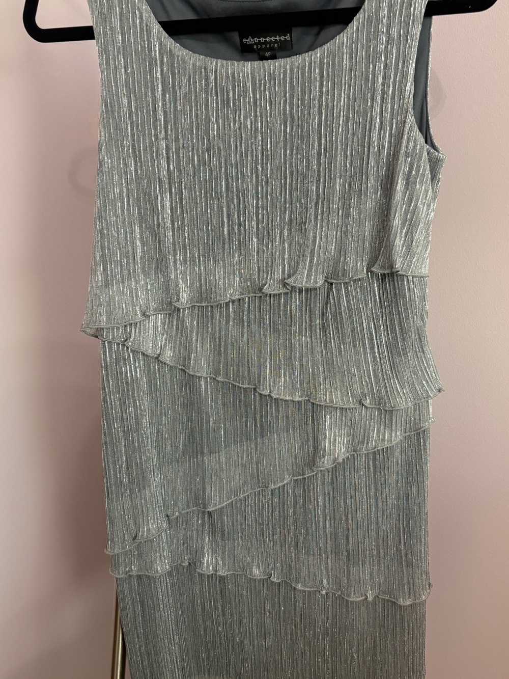 connected apparel Silver Metallic Tiered Ruffle Midi Dress